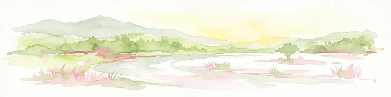 Ilustración en acuarela que muestra un río tranquilo fluyendo a través de un paisaje suave con colinas onduladas a lo lejos y vegetación ligera.