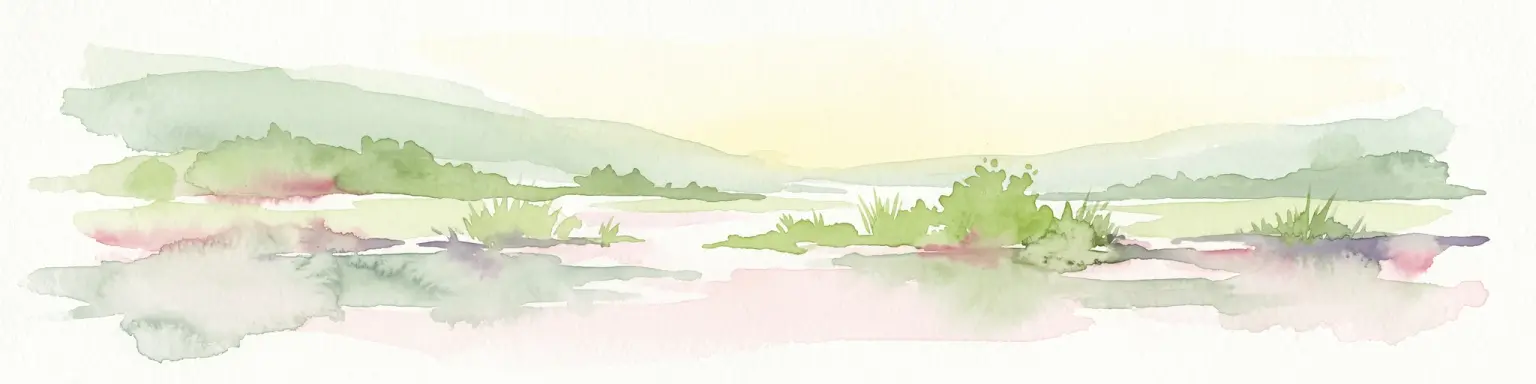 A soft watercolor painting depicting a wide, marshy wetland scene with gentle green hills in the distance and reflections on the water surface.
