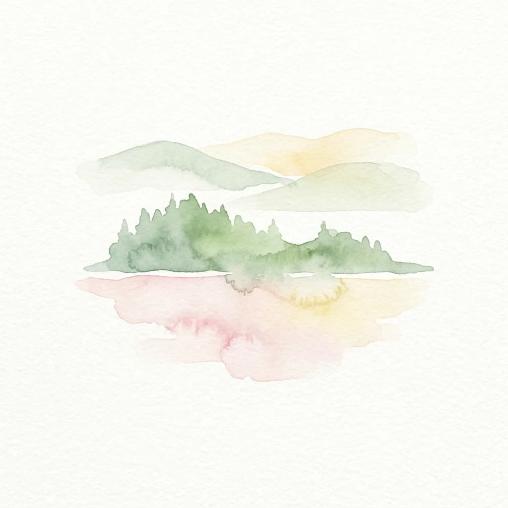 Watercolor painting showing islands with green trees, pink and yellow water reflections, and distant mountains