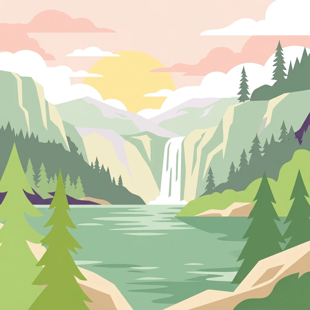 Illustration of a mountainous landscape featuring a waterfall, lake, evergreen trees, and a setting sun