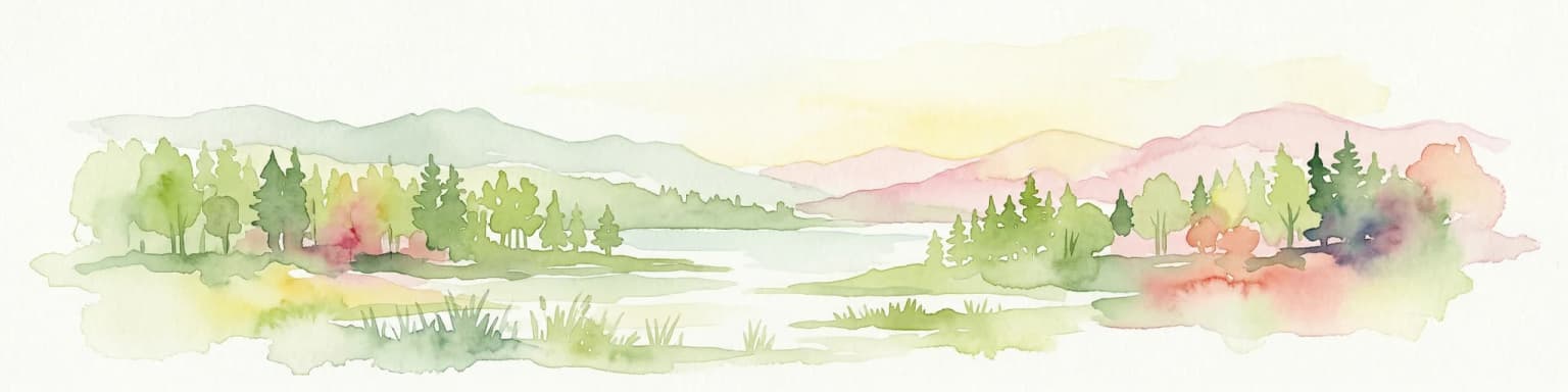 Watercolor illustration showing a lake with forested shores and mountains in the background
