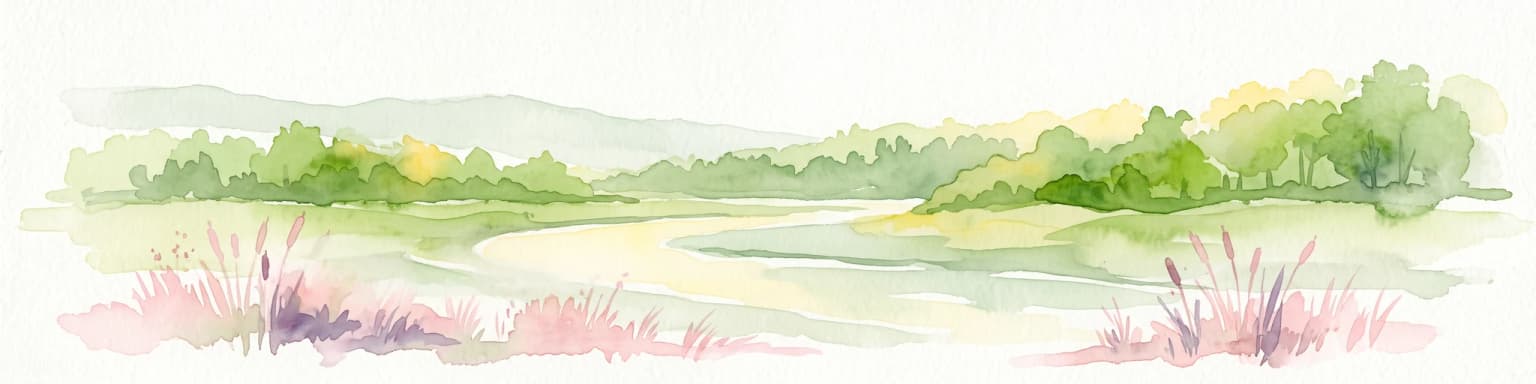 A horizontal watercolor painting showing a meandering river flowing through a lush green valley with light pink reeds in the foreground.