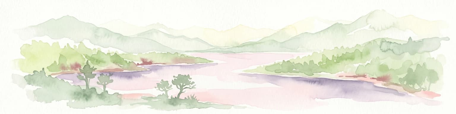 Watercolor illustration showing a lake surrounded by forested hills and mountains