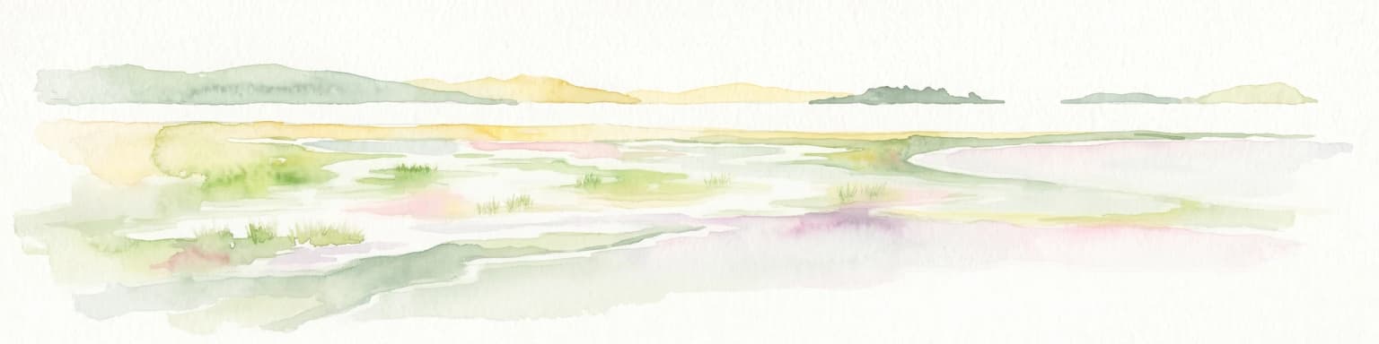 Una ilustración horizontal en acuarela que muestra una laguna poco profunda con tonos suaves de verde, amarillo y gris que representan vegetación, agua y colinas bajas distantes sobre un fondo blanco.