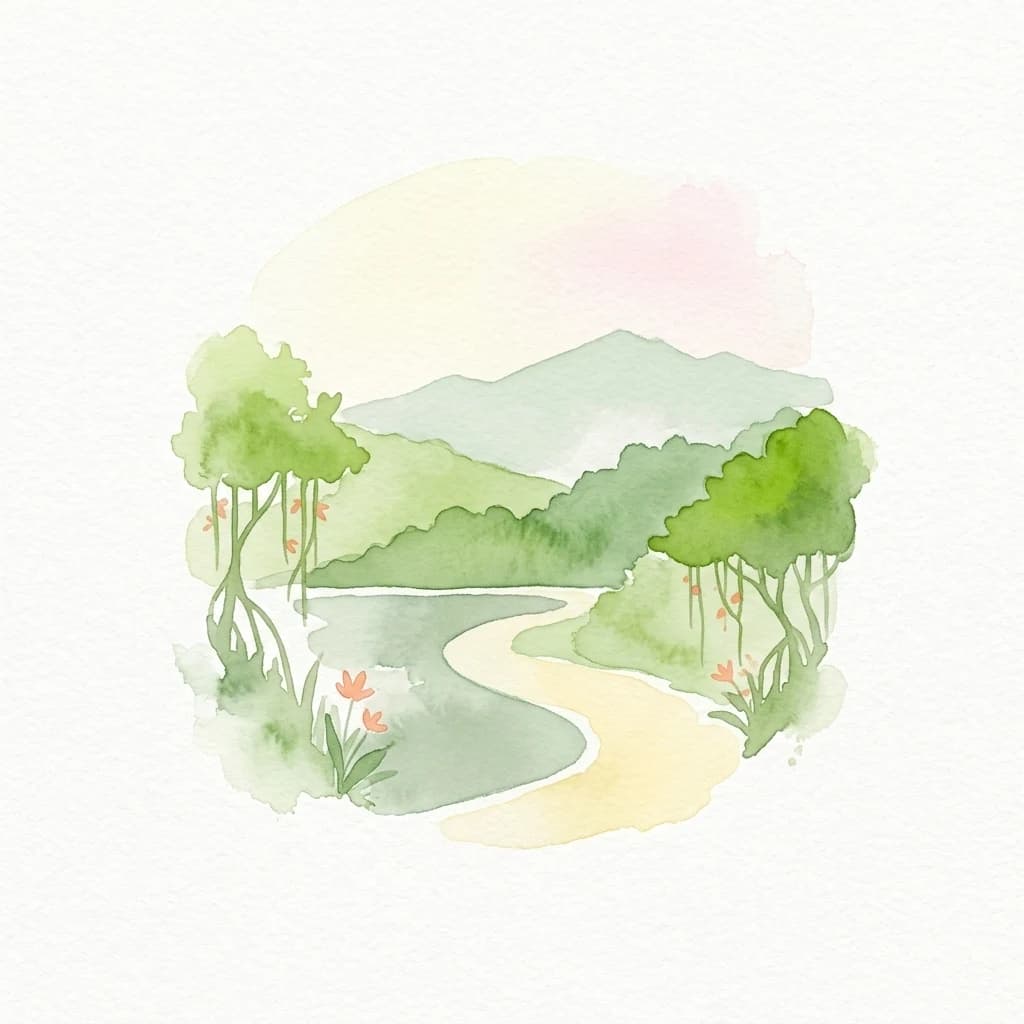 Watercolor illustration of a winding river through a forested landscape with mountains in the background