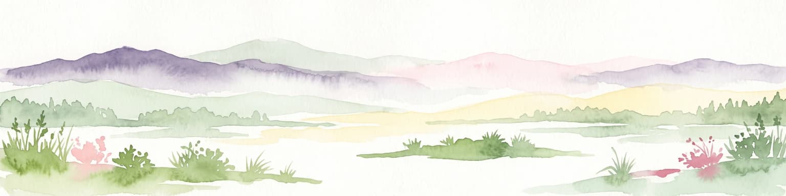 Una ilustración en acuarela que muestra un paisaje horizontal con una laguna o humedal de color claro en primer plano y suaves montañas púrpuras al fondo.