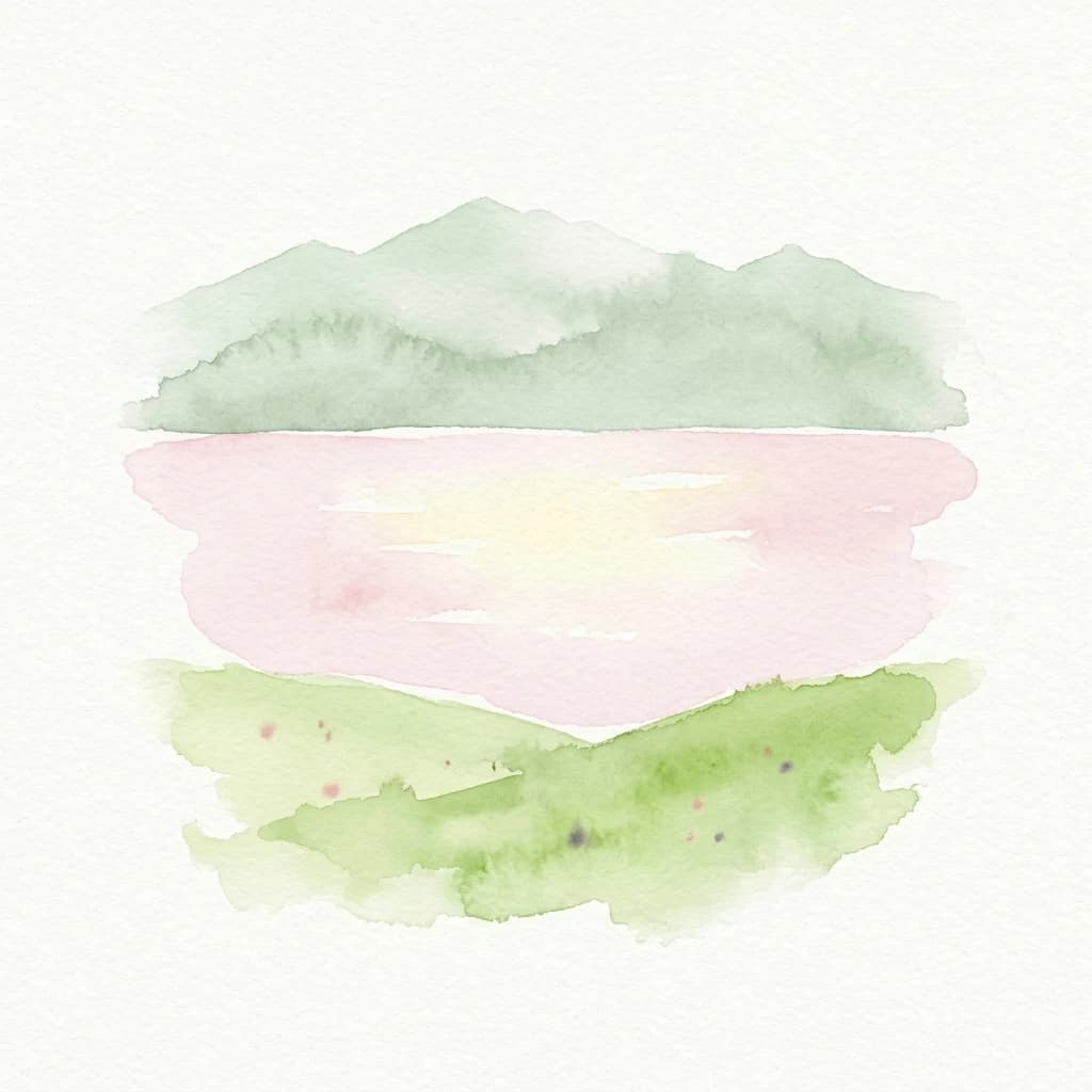 Watercolor illustration of mountains, a lake, and rolling green hills