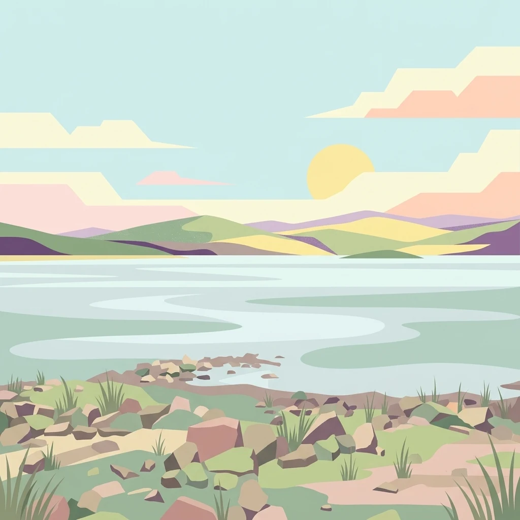 Illustration of a lake with rocky shore, grassy terrain, rolling mountains, and pastel sky with sun.