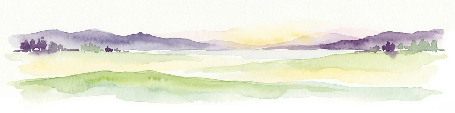 Watercolor illustration of rolling green fields, a lake, and distant hills under a sunset sky