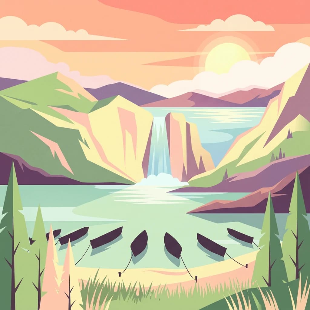 Stylized illustration of a lake with boats along the shore, surrounded by mountains and a waterfall under a sunset sky