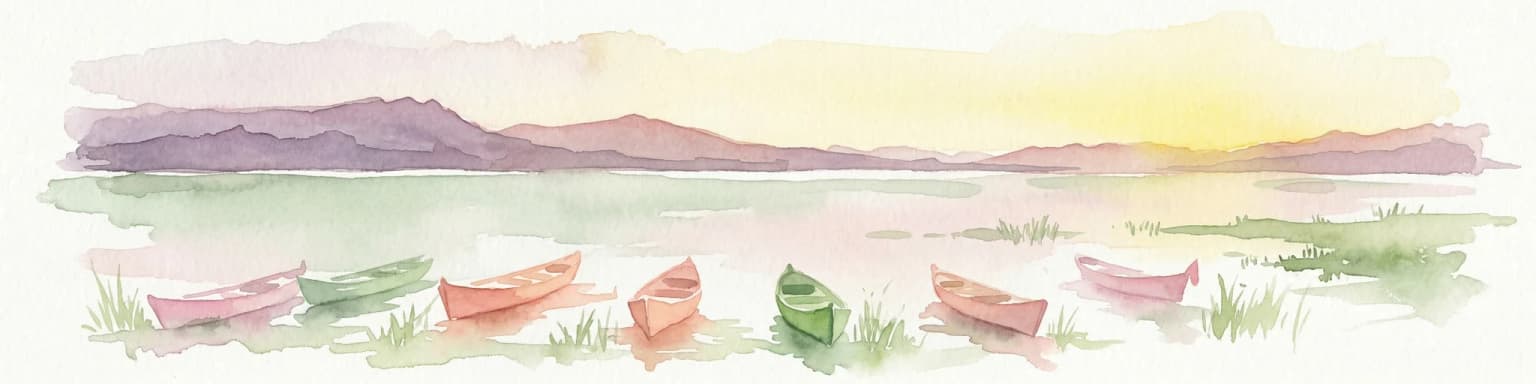 Watercolor painting of colorful rowboats on a lake with distant mountains
