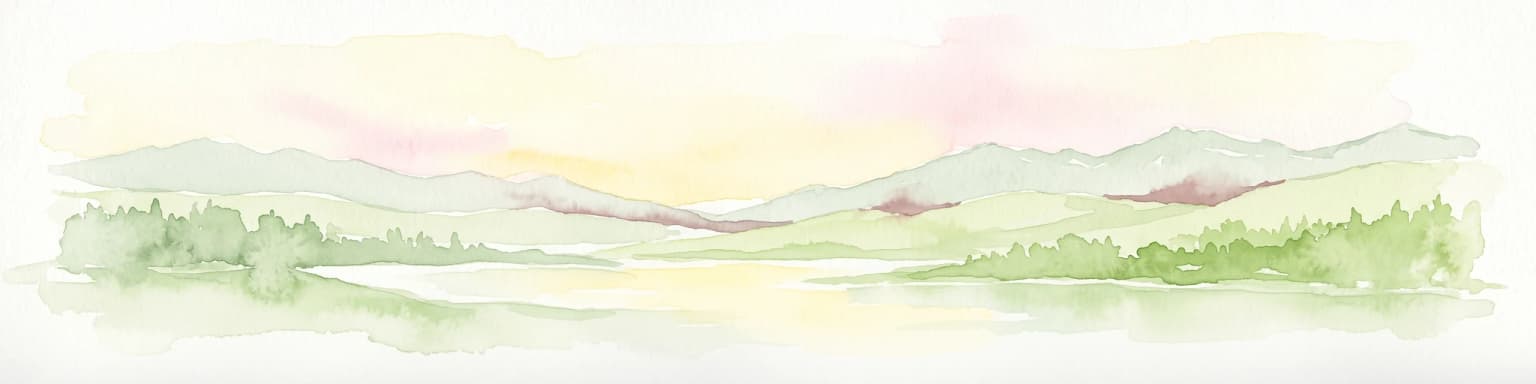 A pale, minimalist watercolor painting depicting a calm lake surrounded by low, rolling mountains and forest under a soft pastel sky.