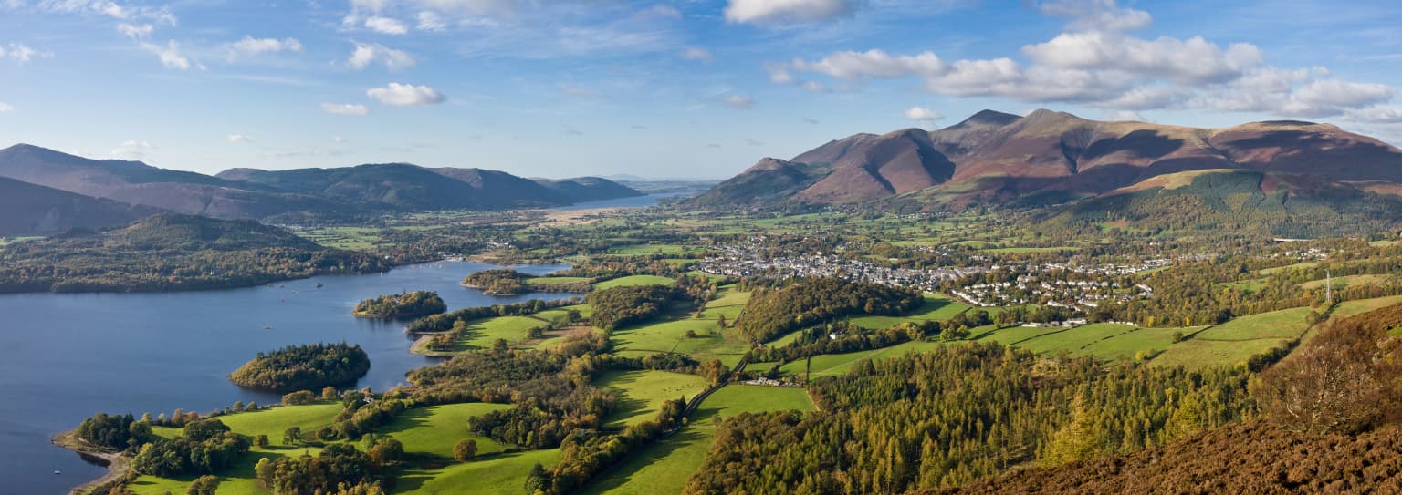 Panoramic landscape of Keswick town, Derwent Water lake, and Skiddaw mountains under a partly cloudy sky