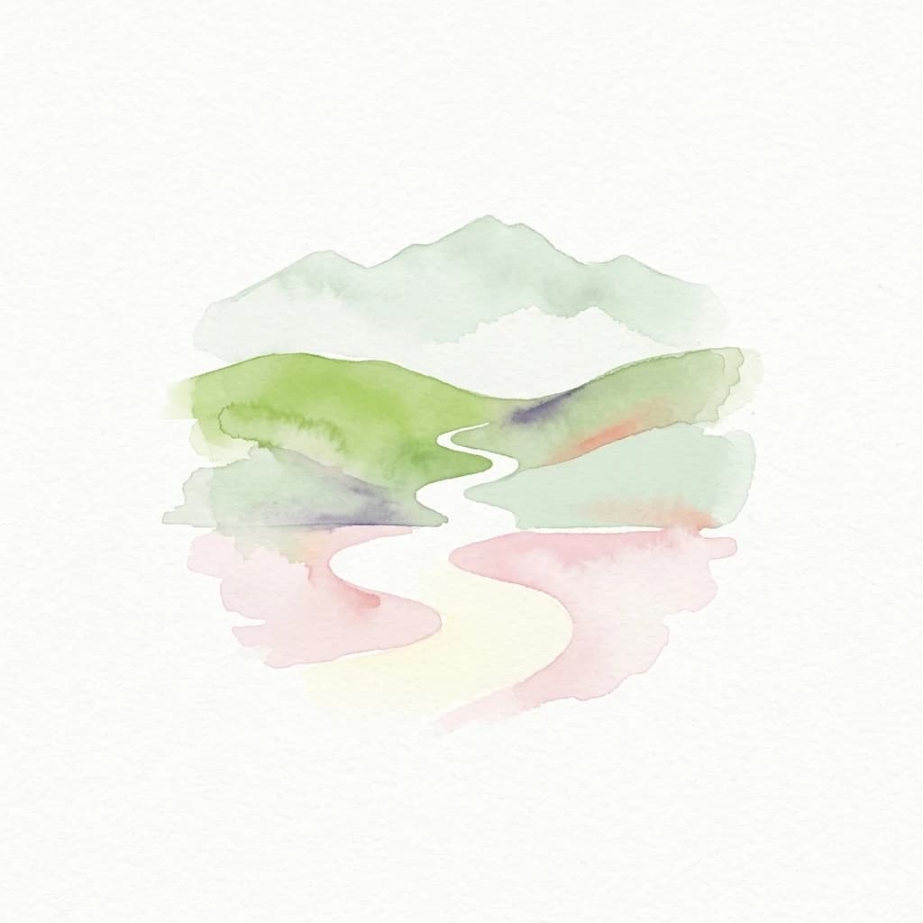 Watercolor painting of green mountains, a winding river, and pinkish reflection on a white background