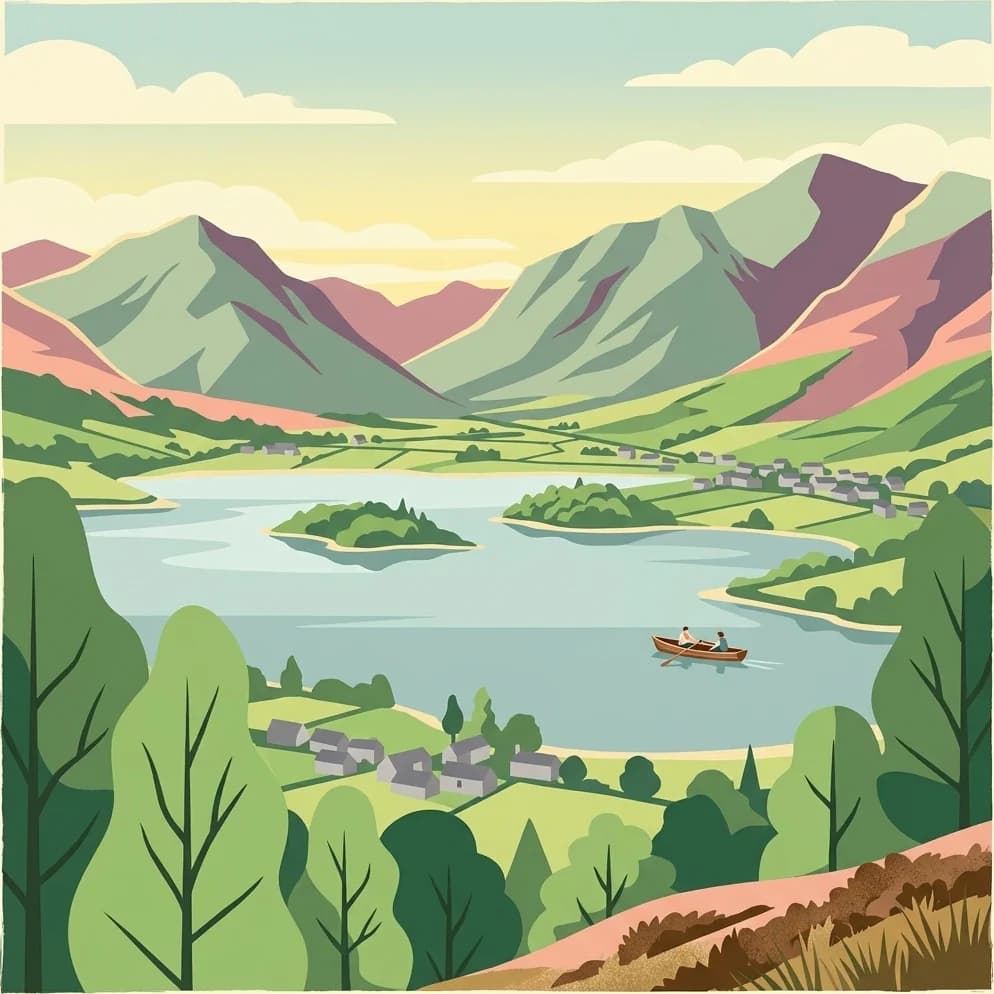Stylized illustration of a lake surrounded by mountains, with trees, small buildings, and a boat on the water