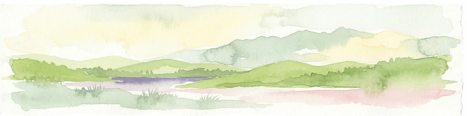Watercolor painting showing a lake, green hills, and sky