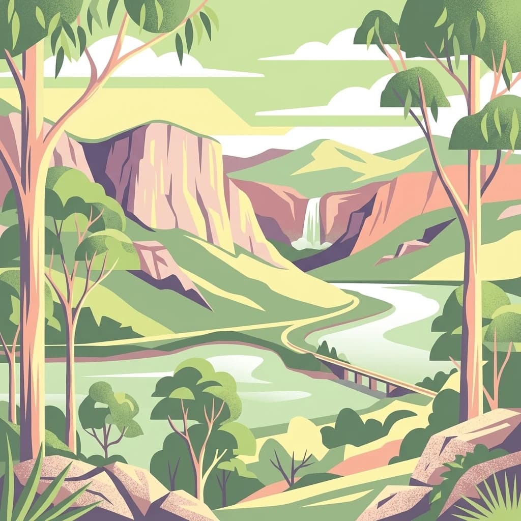 An illustration of a river flowing through a valley with mountains in the background, trees in the foreground, and a bridge crossing the river