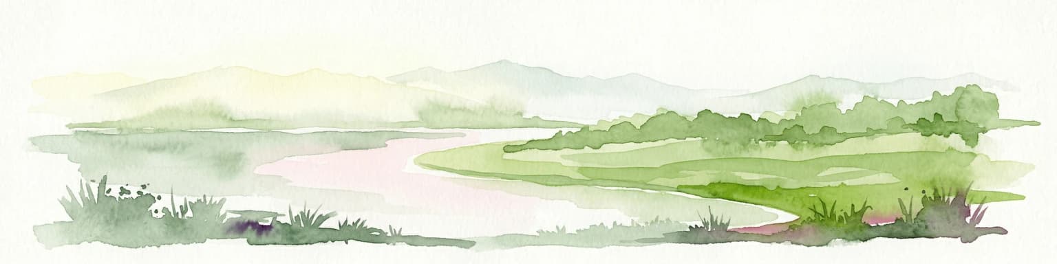 Watercolor illustration showing a lake surrounded by green hills and vegetation