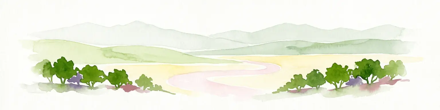 Una suave ilustración en acuarela que representa una orilla de lago de color amarillo pálido con árboles verdes en primer plano y colinas onduladas al fondo.