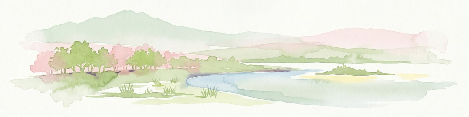 Watercolor illustration of Lake Palić showing a body of water with green and pink trees on the shore, rolling hills in the background