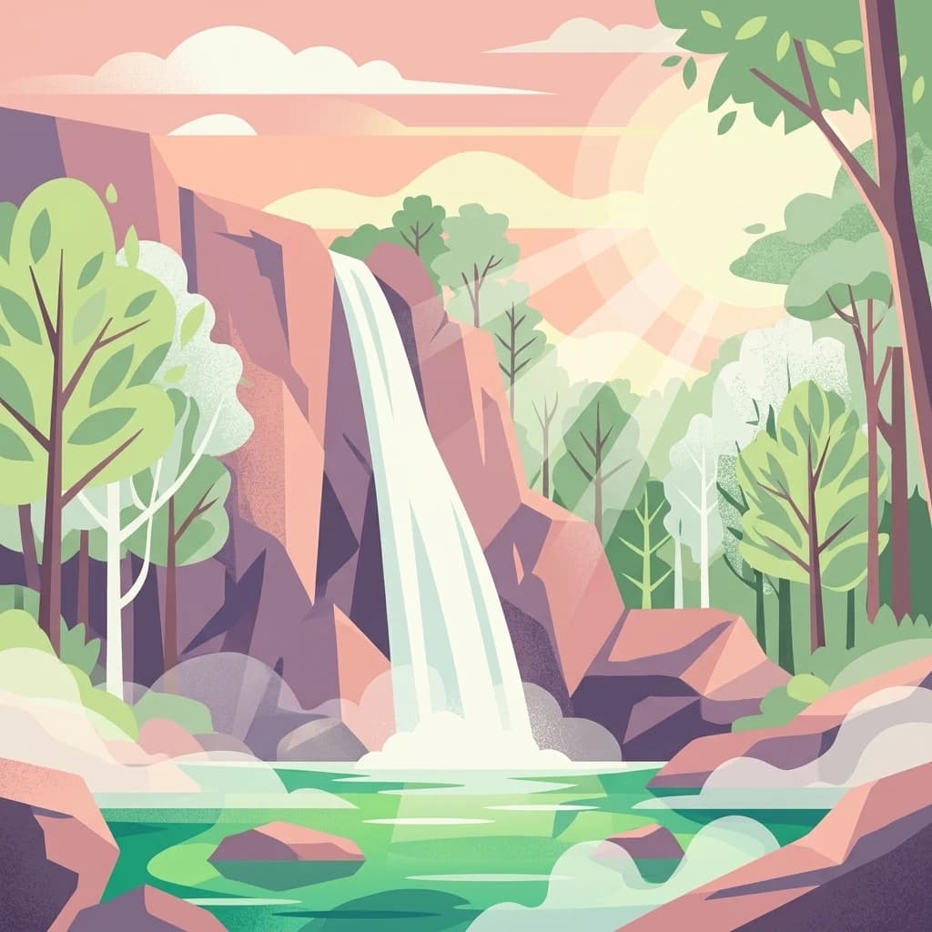 Stylized illustration of a waterfall flowing from rocky cliffs into a pool surrounded by trees and vegetation
