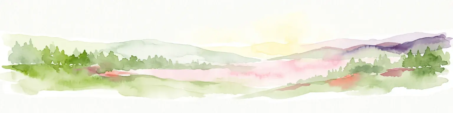 A watercolor painting showing a stylized landscape with rolling green hills, a band of trees, and a pale pink lake surface under a soft morning sky.