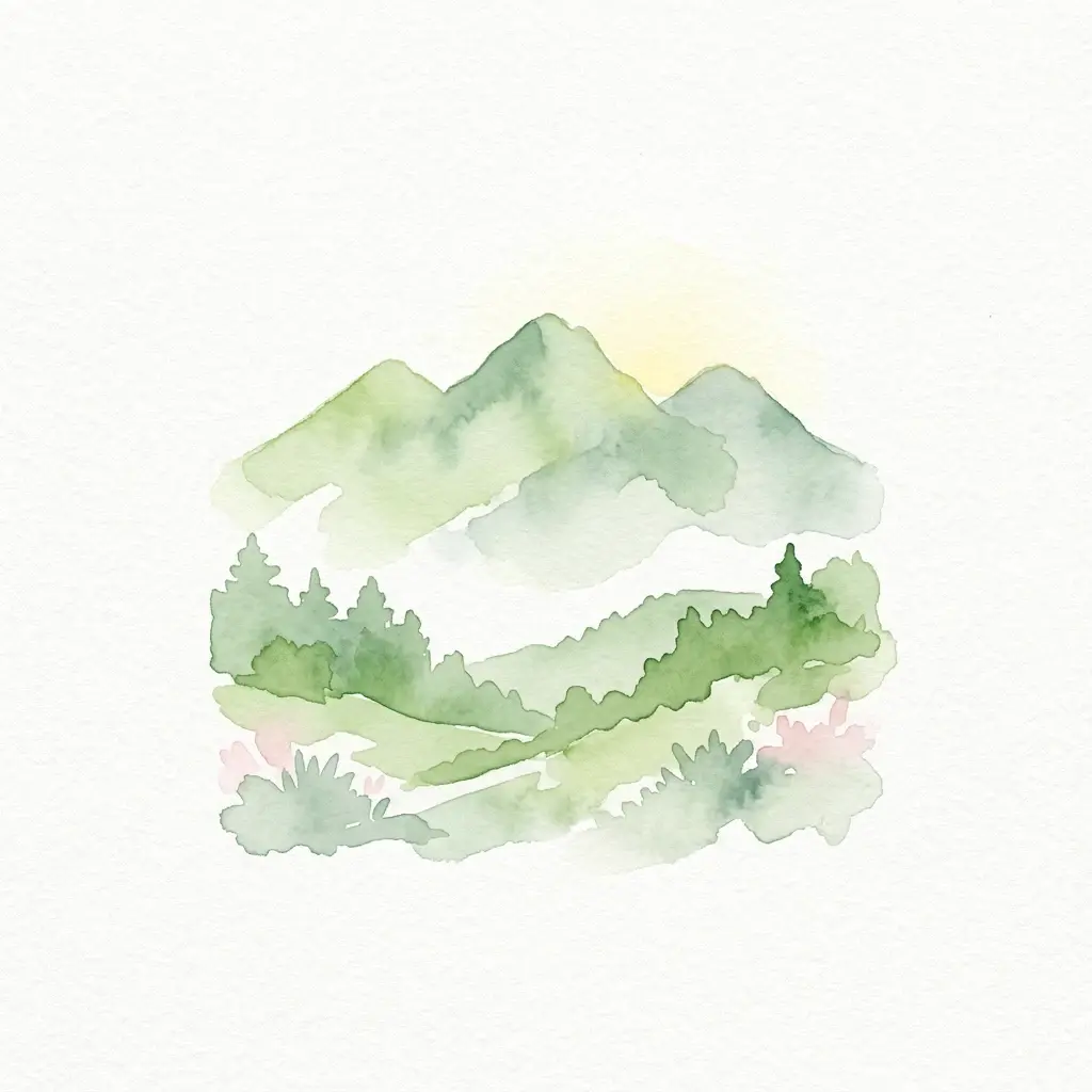 Watercolor illustration of mountains, forests, and flowers in green and pink tones