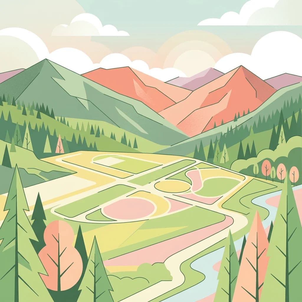 Stylized illustration of a mountain landscape with forested hills, geometric fields, and a winding river under a partly cloudy sky