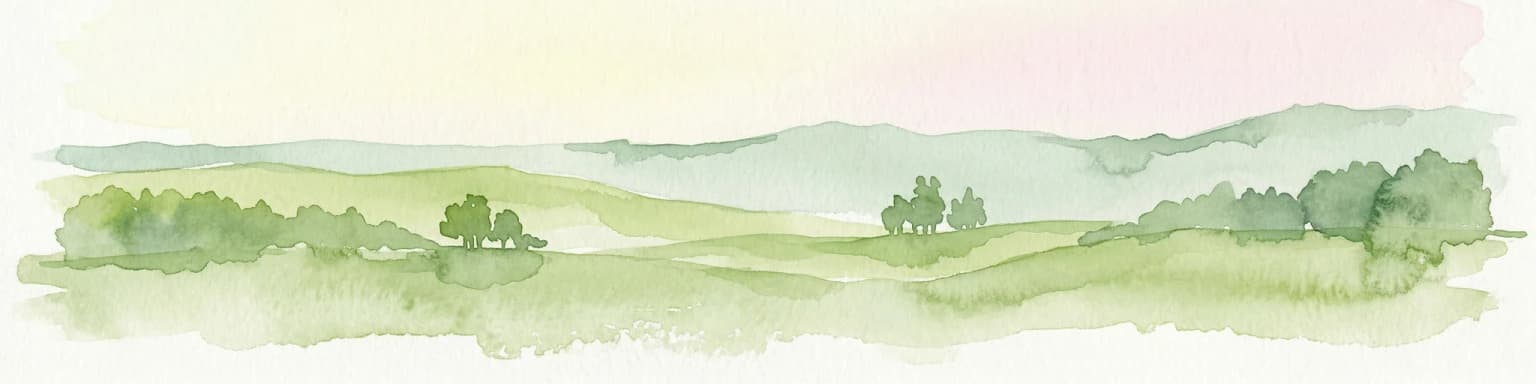Watercolor illustration of rolling green hills, scattered trees, and distant mountains under a pale sky.