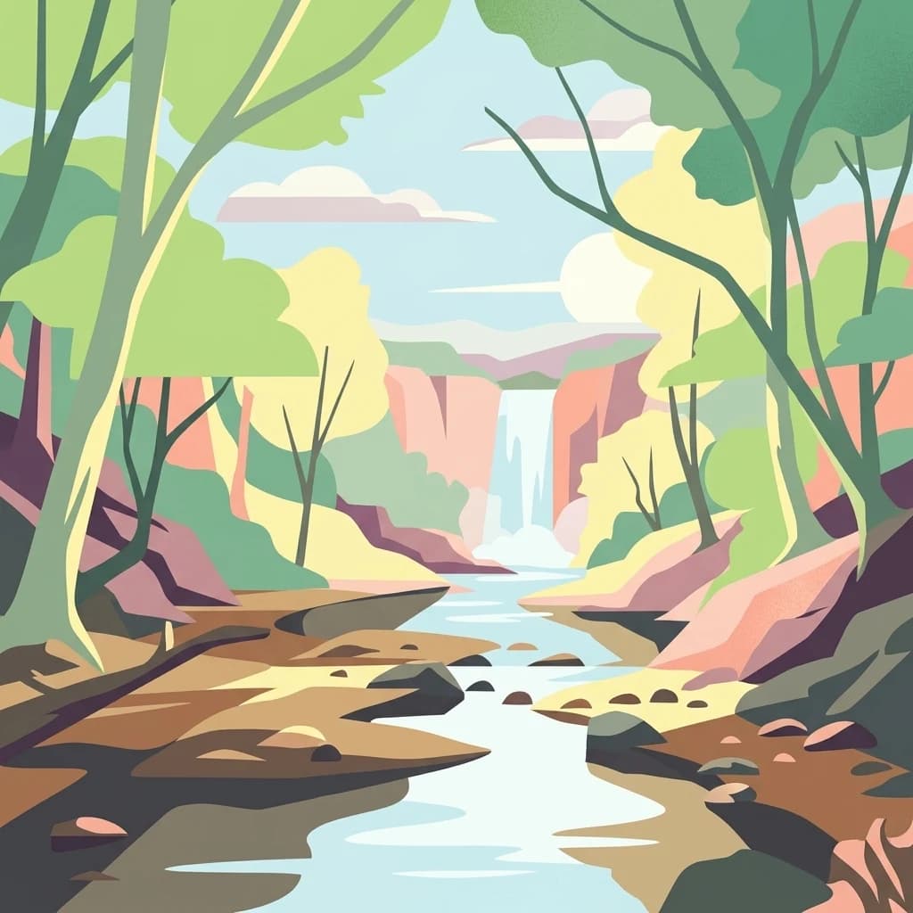 Ilustración estilizada de un río que fluye a través de una zona boscosa con acantilados y una cascada