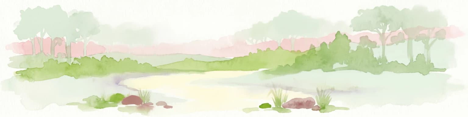 Watercolor illustration of a river landscape with trees and vegetation