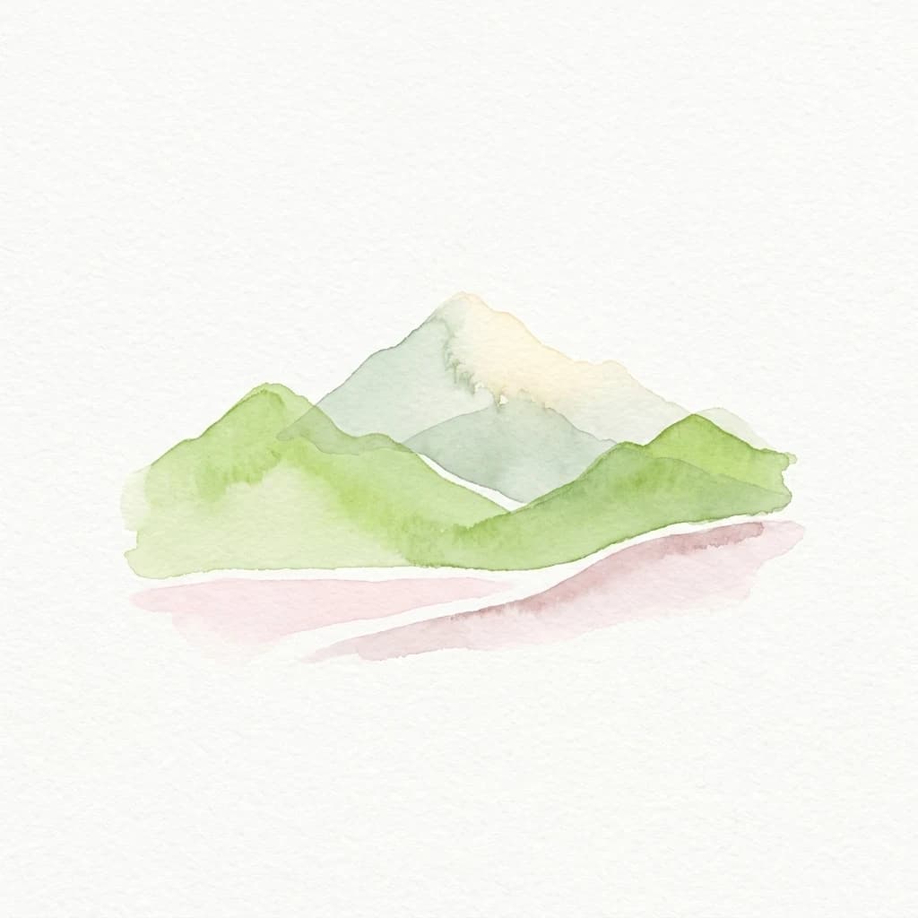 Watercolor illustration showing green and white mountain peaks with a pink valley