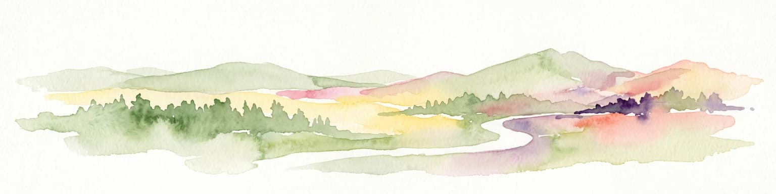 Una ilustración suave en acuarela que representa un paisaje de colinas suavemente onduladas, árboles y un sendero serpenteante sobre un fondo blanco.