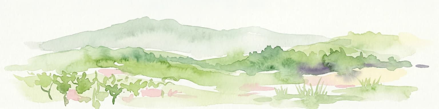 Watercolor illustration of rolling hills, green vegetation, and distant mountains under a light sky