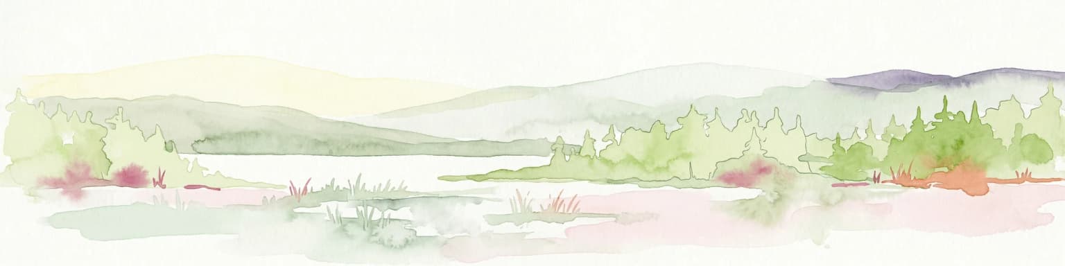 Watercolor illustration of a landscape with green forests, a body of water, and rolling hills in the background
