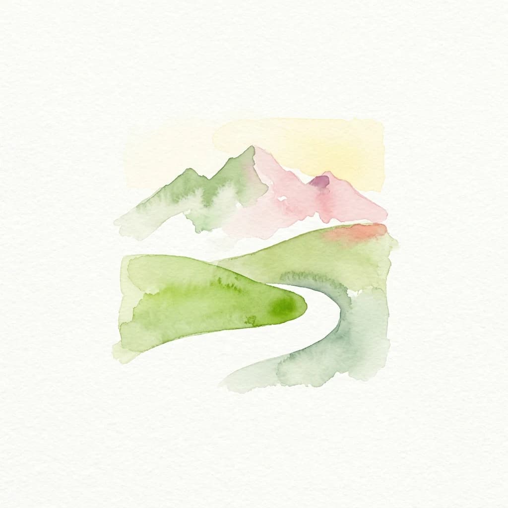 Watercolor illustration of green hills, a winding path, and pink and green mountains under a yellow sky