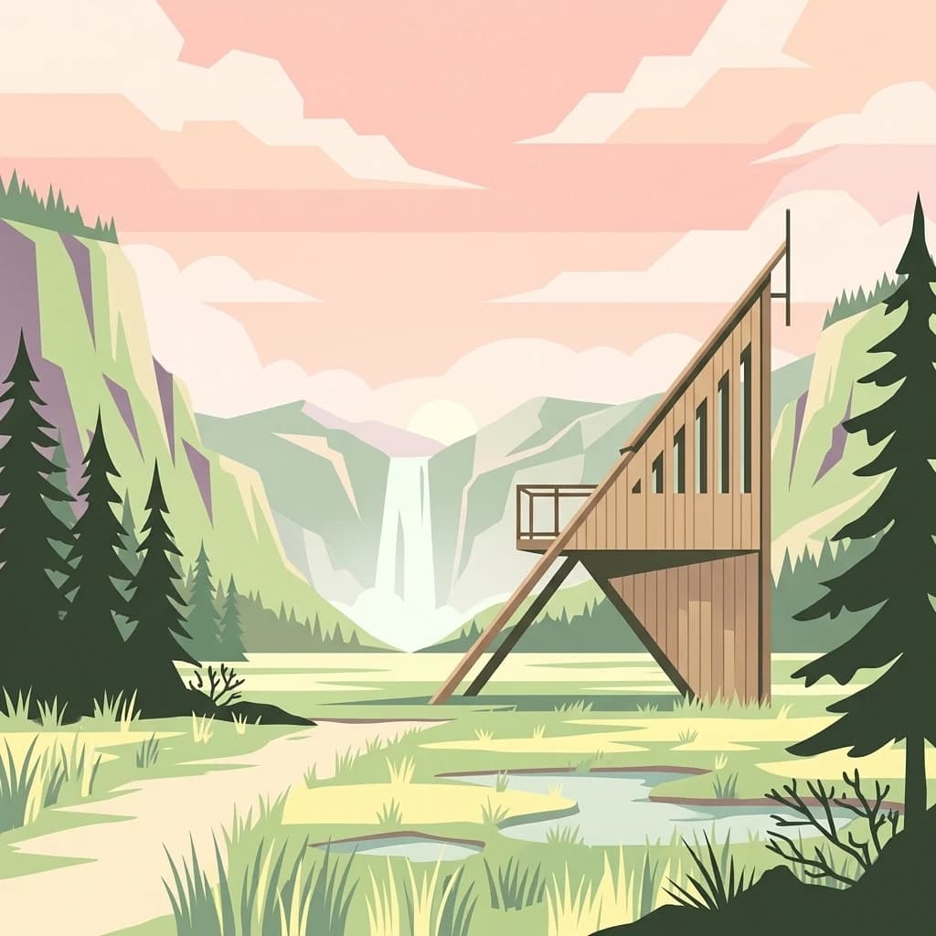 Illustration showing a wooden observation tower on a hillside, with a waterfall, mountains, and pine trees in the background