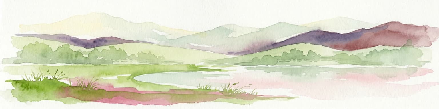 Watercolor painting of a lake surrounded by green fields and distant mountains.