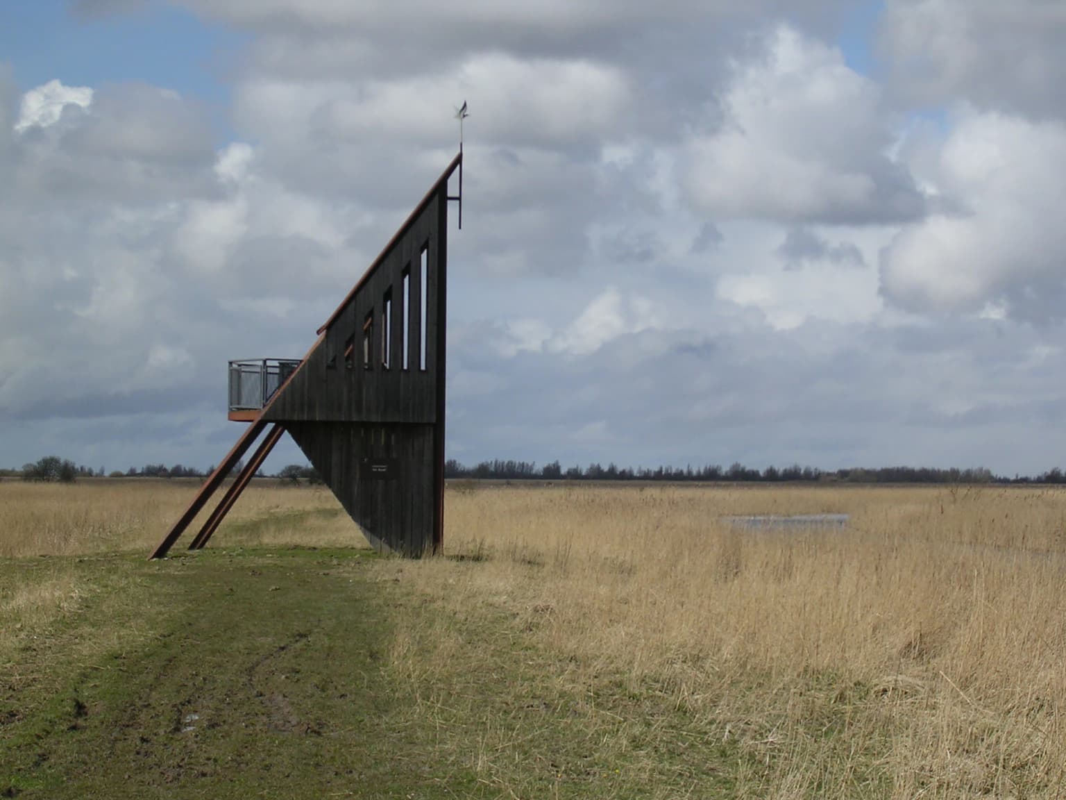 Tall wooden observation structure in a grassy field with water body and cloudy sky