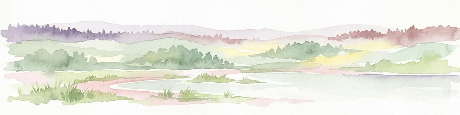 Watercolor painting showing a landscape with a lake, forests, and marshy areas under a light sky