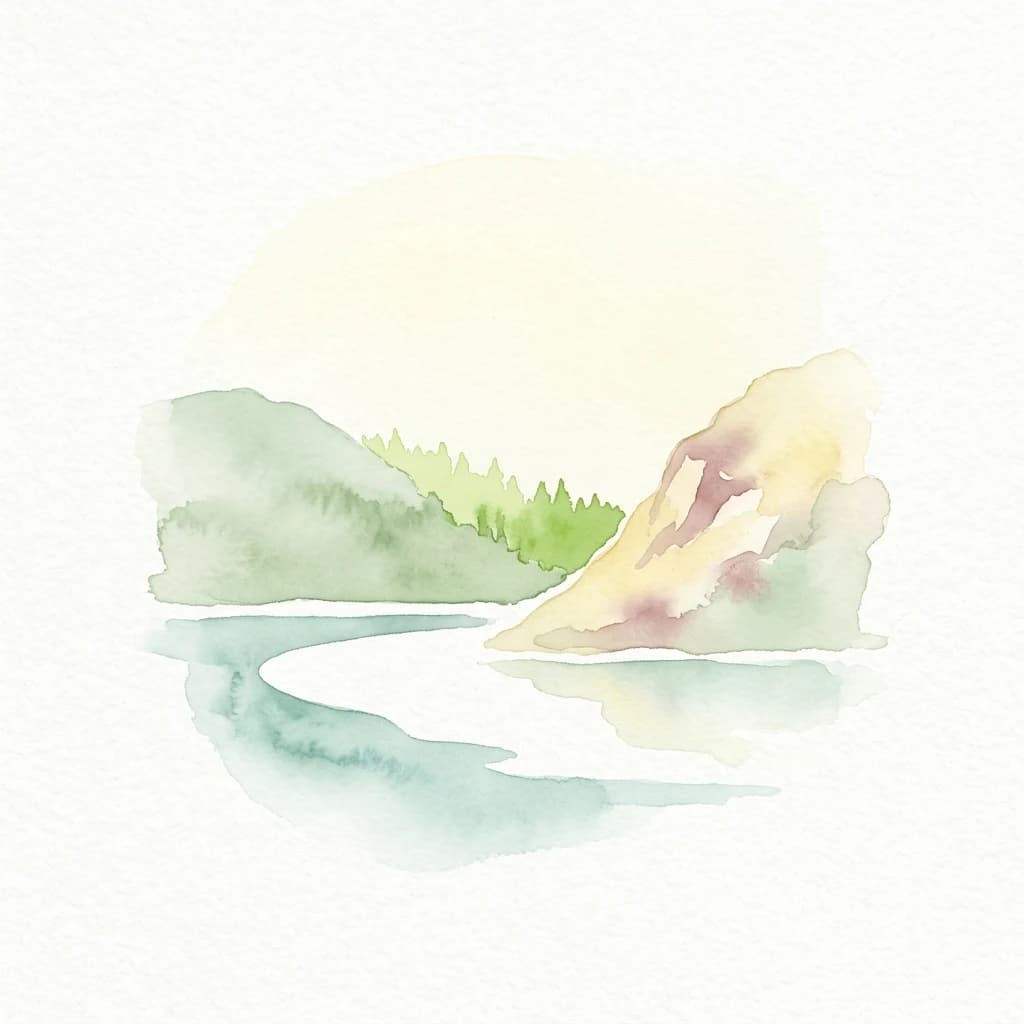 Watercolor painting of a river with a rocky outcrop and forested hills in the background