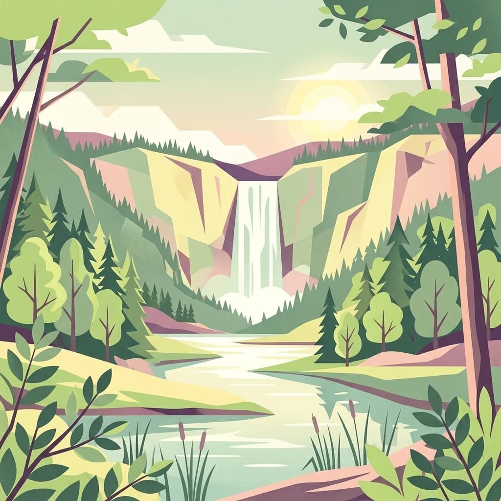 Illustration of a waterfall surrounded by forests and mountains with a river flowing through the scene, trees in the foreground, and a sun in the sky