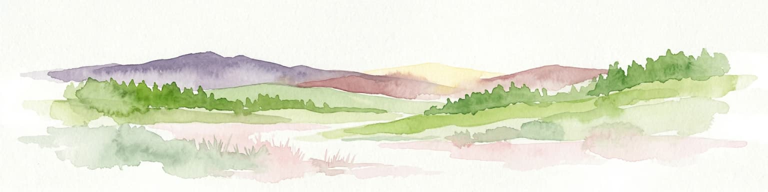 Watercolor painting of a landscape with rolling hills, forests, and distant mountains.
