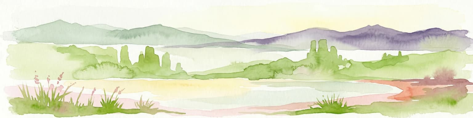Watercolor illustration showing green hills, a river, and grassy foreground