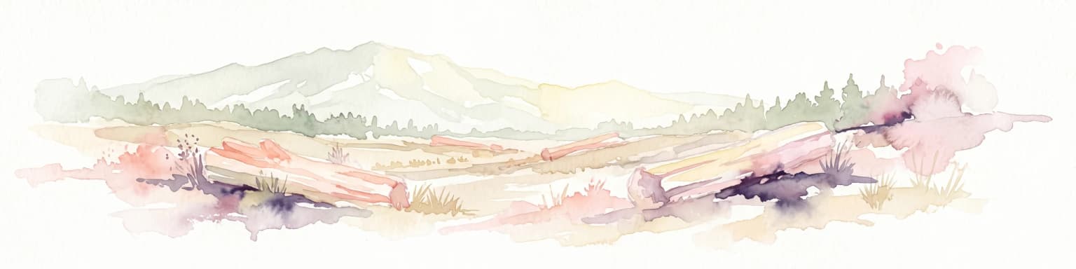 Acuarela de un paisaje amplio y ondulado con un horizonte boscoso y montañas lejanas, representado en tonos suaves y apagados de rosa, verde y dorado sobre un fondo blanco.