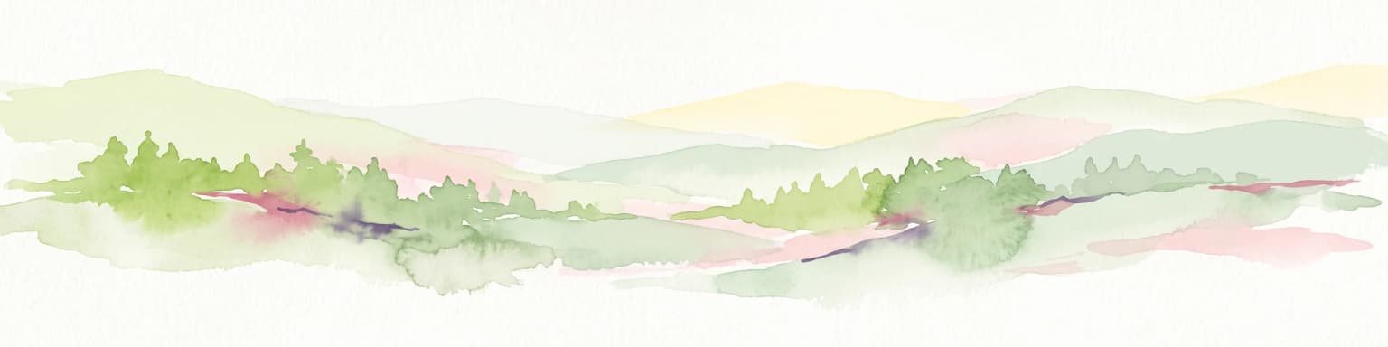 Pintura en acuarela que muestra capas de colinas onduladas y montañas lejanas en tonos de verde suave, rosa y amarillo.