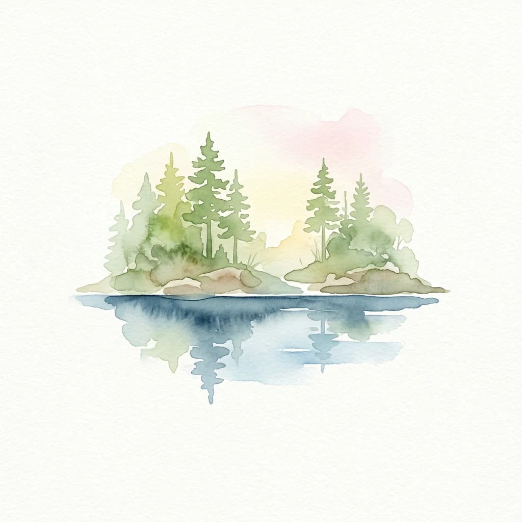 Watercolor painting of an island with pine trees and a reflection in calm water