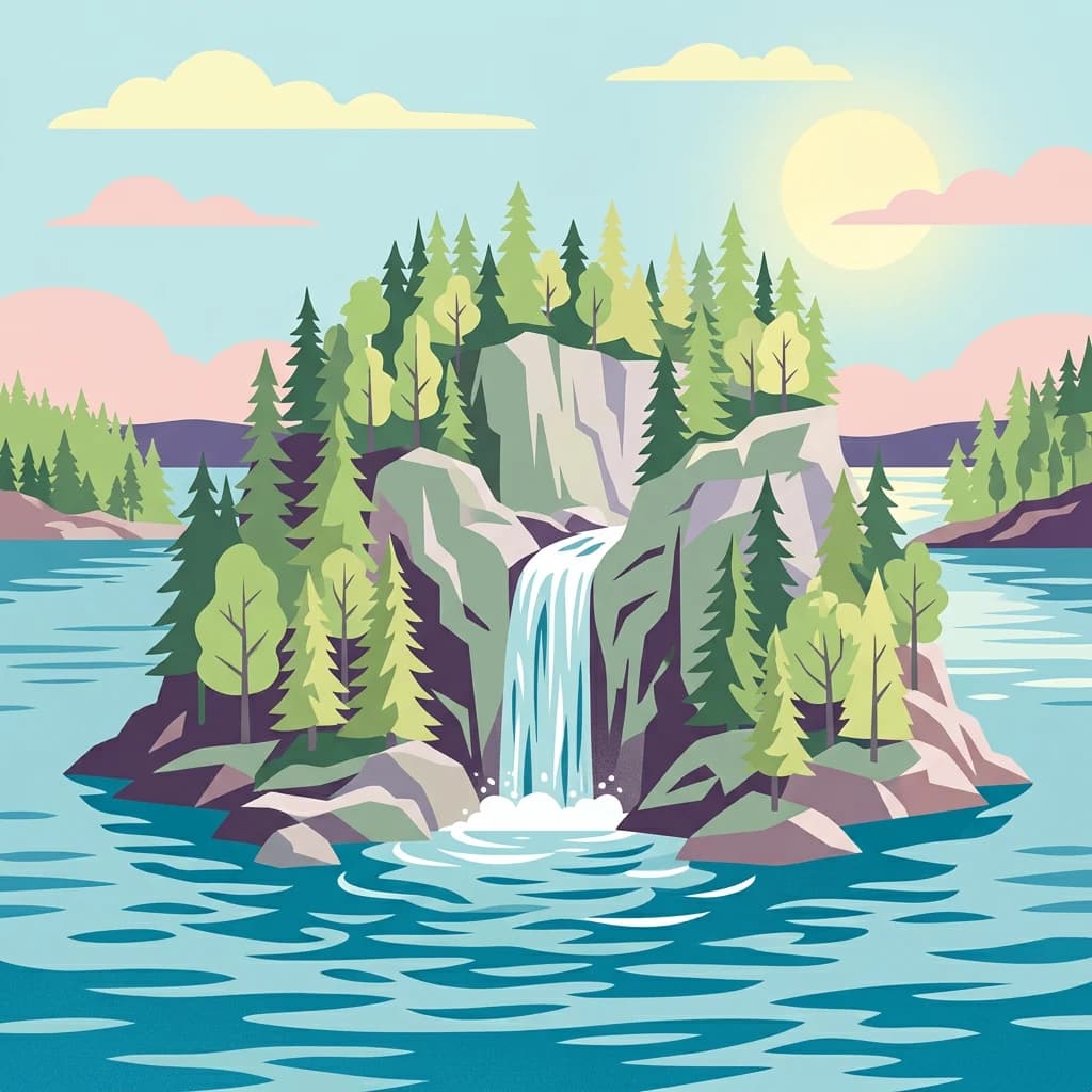 Stylized illustration of a forested island with a waterfall, surrounded by lake, trees, and cliffs under a bright sky with clouds and sun.