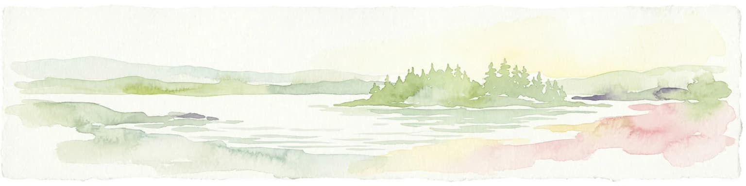 Watercolor illustration showing a lake with islands and forested shores, distant hills, and soft pastel colors