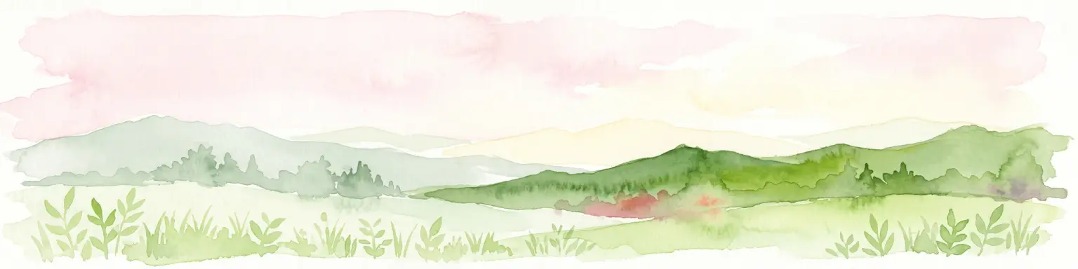 A horizontal watercolor illustration depicting rolling, soft green mountains under a pale pink sky, with simple plant motifs in the foreground.